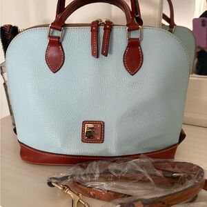 Dooney & Bourke Light Blue Pebbled Leather Satchel with Brown Trim